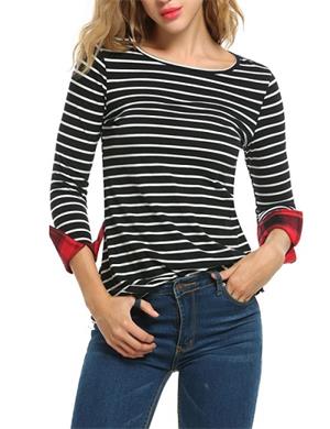 Qearal Women Casual O-Neck Roll Up 3/4 Sleeve Striped Slim Fit T-Shirt Tops