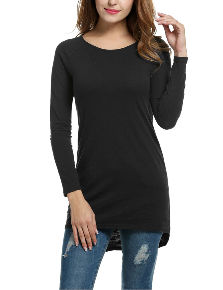 Qearal Women's Raglan Long Sleeve Solid Slim High Low Hem Long T-Shirt Tops