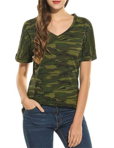 Women's Camouflage Jersey Top Tee Roll Over Short Sleeve V Neck T Shirt 