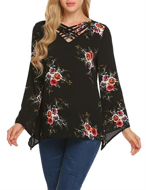 Womens Casual Crisscross V Neck Chiffon Floral Print Flare Sleeve Top T Shirt Blouse by Qearal 