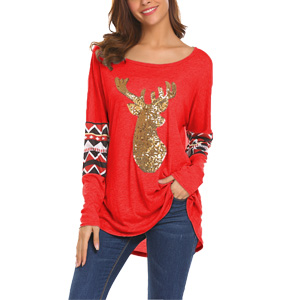 Qearal Womens Casual Long Sleeve Christmas Reindeer Sequin T Shirt Blouse Tops 